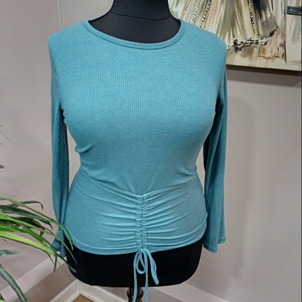 NWTS Blue Leopard Teal Blue Ribbed Long Sleeve Cinched Top